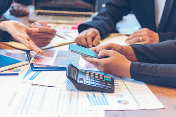 Poster - Group of business people meeting in conference room brainstorming consult business document graph chart office desk. Diversity multiethnic group of business people brainstorming and working together.