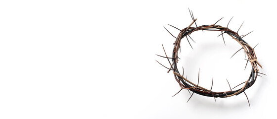 Poster - Crown of thorns isolated on white background. Top view. Copy space. Christian Easter concept. Crucifixion of Jesus Christ. He risen and alive. Jesus is the reason. Gospel, salvation