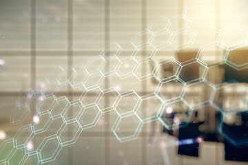 Poster - Abstract virtual wireless technology hologram with hexagon on a modern conference room background. Big data and database concept. Multiexposure