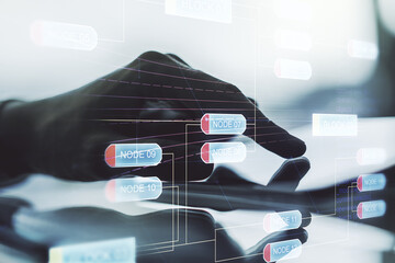 Aufkleber - Double exposure of abstract creative programming illustration and finger clicks on a digital tablet on background, big data and blockchain concept
