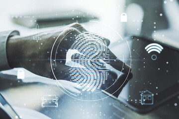 Aufkleber - Multi exposure of creative fingerprint hologram with finger presses on a digital tablet on background, personal biometric data concept