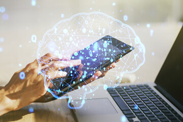 Aufkleber - Creative artificial Intelligence concept with human brain hologram and finger clicks on a digital tablet on background. Multiexposure