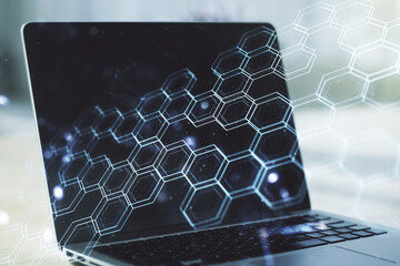 Aufkleber - Creative abstract wireless technology hologram with hexagon on modern computer background, artificial intelligence and machine learning concept. Multi exposure