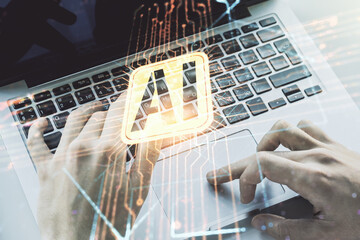 Aufkleber - Double exposure of creative artificial Intelligence icon with hands typing on laptop on background. Neural networks and machine learning concept