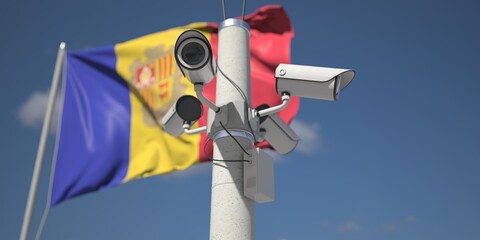 Waving flag of Andorra and the security cameras. 3d rendering