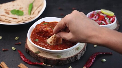 Wall Mural - Hand eating roti with Spicy red Indian Chicken curry tikka masala Chicken leg curry Korma gravy Hyderabad India Pakistan 4K slow motion video footage. hot non-vegetarian food side dish chapati. 