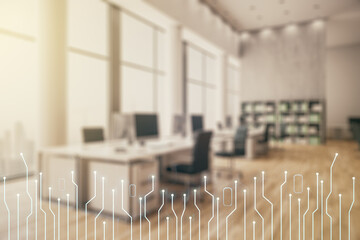 Poster - Abstract virtual micro circuit sketch on a modern furnished office interior background, future technology and AI concept. Double exposure