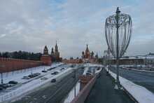 Photography Of Moscow Downtown, Road To Red Square At Winter Day. Bright Saint Basil's Cathedral (Cathedral Of Vasily The Blessed), Spasskaya Tower. Snow Covered Ground