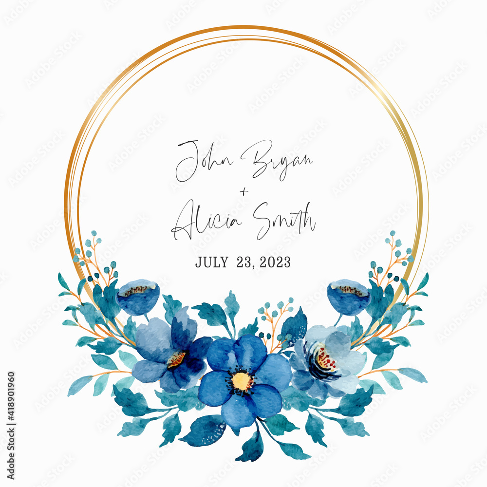 Watercolor blue floral wreath with golden frame Stock Vector | Adobe Stock