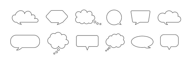 Speech bubble. Comic balloon for thought and talk. Outline cloud for chat. Cartoon quote box for dialog and text. Line frame for discussion and think. Speech bubbles in doodle style. Vector