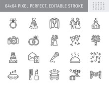 Wedding Timeline Line Icons. Vector Illustration Include Icon - Bouquet, Ring, Bouquet, Tuxedo, Groom, Bridal, Invitation Outline Pictogram For Marriage Ceremony. 64x64 Pixel Perfect, Editable Stroke