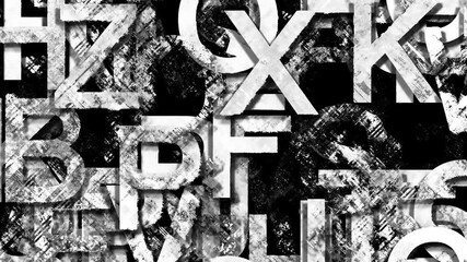 Wall from Dirty Glitch Alphabet 2 - Looped background of big, bold, black and white dirty letters crammed together. Glitch cross-hatching dirt flashes over the letters. Edgy, chaotic mood.