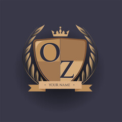 initial letter OZ logotype colored brown and gold isolated with shield, crown and laurel design, logo for college and sport club.