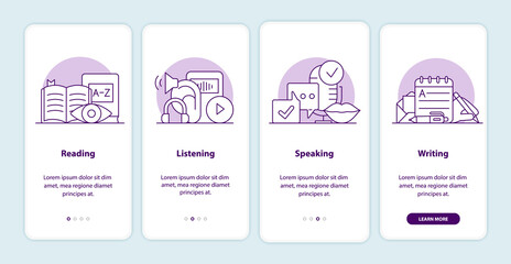 language exam onboarding app screen pages. smartphone application walkthrough with cartoon illustrat