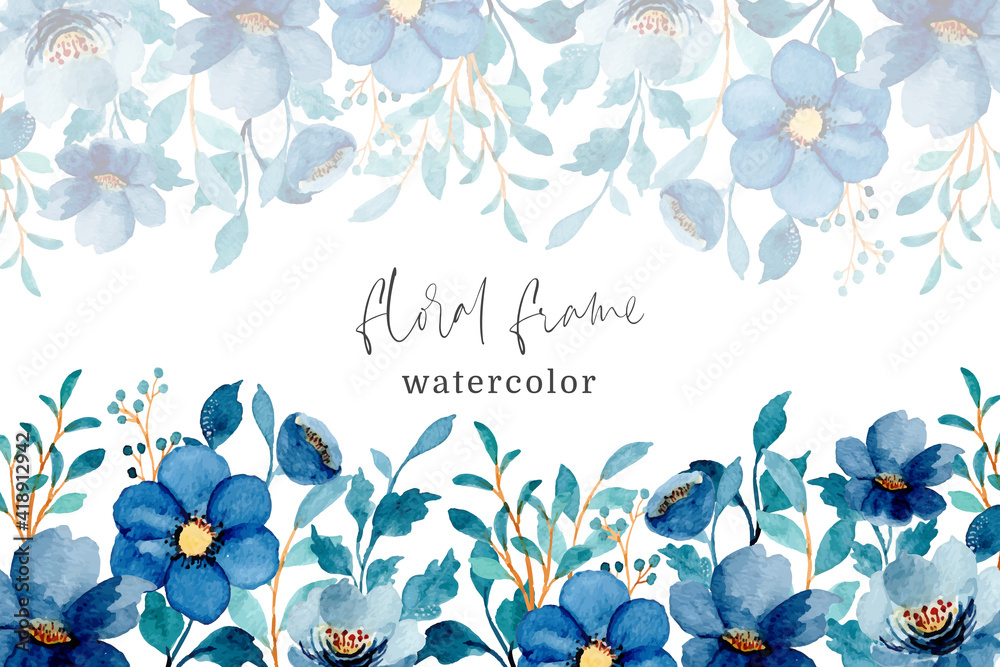 Blue floral frame with watercolor Stock Vector | Adobe Stock