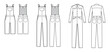Set of Dungarees Denim overall jumpsuit technical fashion illustration with full knee length, normal waist, high rise, pockets, Rivets. Flat front back, white color style. Women, men unisex CAD mockup