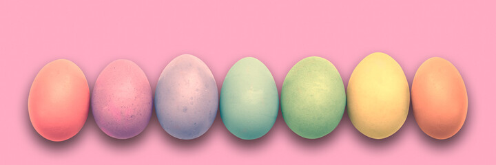 Wall Mural - Pastel painted Easter eggs aligned in a row on pink panoramic background, Easter web banner