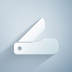 Sticker - Paper cut Swiss army knife icon isolated on grey background. Multi-tool, multipurpose penknife. Multifunctional tool. Paper art style. Vector.