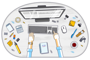 Fototapete - Office employee or entrepreneur work desk workplace with hands and PC computer and diverse stationery objects for work, top view. All elements are easy to use separately. Vector illustration.