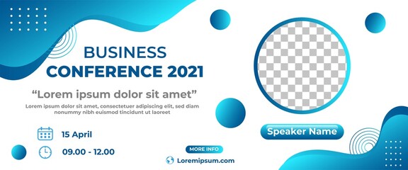 Wall Mural - Business conference banner design. Horizontal banner design with abstract fluid shape. Flat design vector with a photo collage.