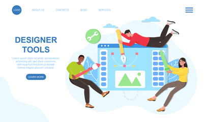 Poster - male and female characters using designer tools to create illustration. young artists floating toget