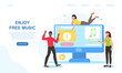 © Rudzhan - Male and female characters are enjoing free music on website. Young people streaming music online together. Website, web page, landing page template. Flat cartoon vector illustration