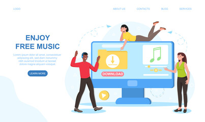 Poster - male and female characters are enjoing free music on website. young people streaming music online to