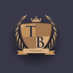 initial letter TB logotype colored brown and gold isolated with shield, crown and laurel design, logo for college and sport club.