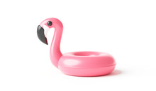 Pink Inflatable Flamingo Swimming Pool Ring And Summer Season Isolated On White Background. 3D Rendering.