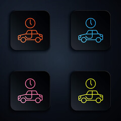 Sticker - Color neon line Time to travel icon isolated on black background. Set icons in square buttons. Vector.