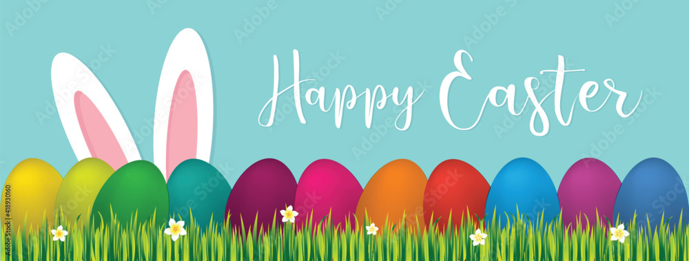 Easter bunny ears with easter eggs on meadow with flowers, vector illustration - obrazy, fototapety, plakaty 