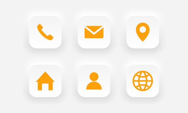 Neumorphic business card icons set, phone, email, location, website