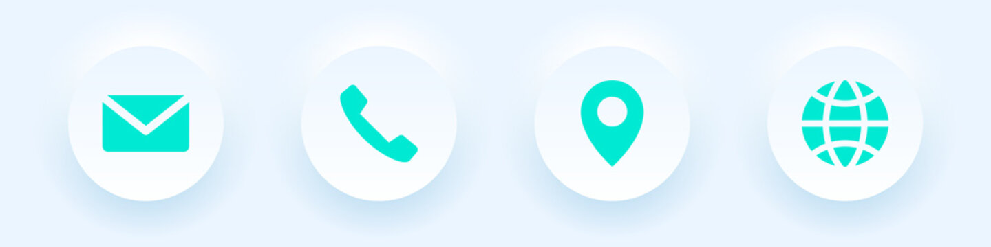 Neumorphic business card icons set, phone, email, location, website
