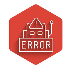 White line Error in the operation program of the robot icon isolated with long shadow. A broken chip of a robot. Red hexagon button. Vector.