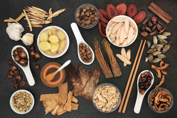 Wall Mural - Traditional Chinese herbal medicine with herbs & honey to treat cold & flu virus . Also used to treat fever, coughs & lung disease. Natural healing health care concept. Flat lay, top view.