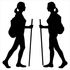 Climber, tourist with a backpack on a back. Black female silhouette with the tail of hair on the head. Backpacker with a walking stick in hands. Hiker on the move. Girl, woman looks at each other.