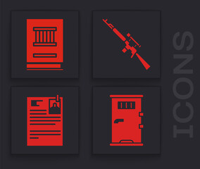 Canvas Print - Set Prison cell door, Law book, Sniper rifle with scope and Lawsuit paper icon. Vector.