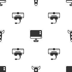 Poster - Set Rocket ship, Computer monitor screen and Virtual reality glasses on seamless pattern. Vector.