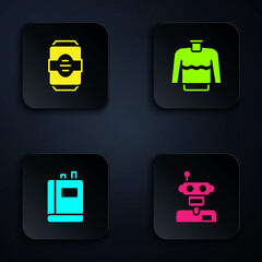 Poster - Set Robot, Energy drink, Book and Sweater. Black square button. Vector.