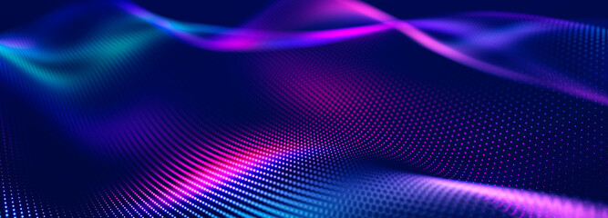 Wall Mural - Futuristic dots pattern on dark background. Colored music wave. Big data. Technology or Science Banner. 3D rendering