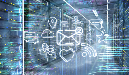 Poster - Multiumedia icons in a Server room data center - 3d rendering