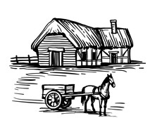 Ink Sketch Of Country House And Horse With Cart.