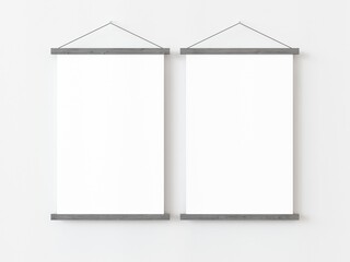 Two vertical rectangle roll up posters mockup with grey wooden border hanging on a white wall in empty room. Isolated roll up poster mockup template on white background. 3D illustration