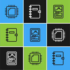 Sticker - Set line Processor with CPU, Card game and Spiral notebook icon. Vector.