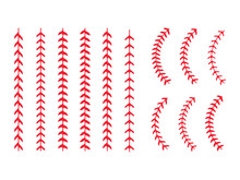 The Red Stitch Or Stitching Of The Baseball Isolated On White Background.
