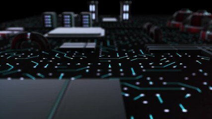Digital information travels on computer board. Concept of data transmission, computer communication. Technology background processor circuit. Virtual hi tech uI animation closeup