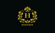 Stylish Design For Invitations, Menus, Labels. Elegant Gold Monogram On A Black Background With The Letter H. The Logo Is Identical For A Restaurant, Hotel, Heraldry, Jewelry.