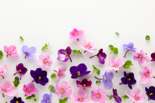 Spring Or Summer Flower Composition With Edible  Violets On White Background. Flat Lay, Copy Space. Healthy Life And Flowers Concept.