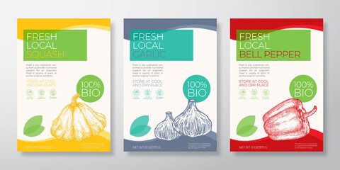 Wall Mural - Fresh Local Vegetables Label Templates Set. Vector Packaging Design Layouts Collection. Typography Banner with Hand Drawn Squash, Bell Pepper and Garlic Sketch Silhouette Background Isolated