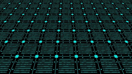 Poster - Abstract graphics technology background in turquoise - blocks of binary code arranged as a square grid on black background - 3D Illustration